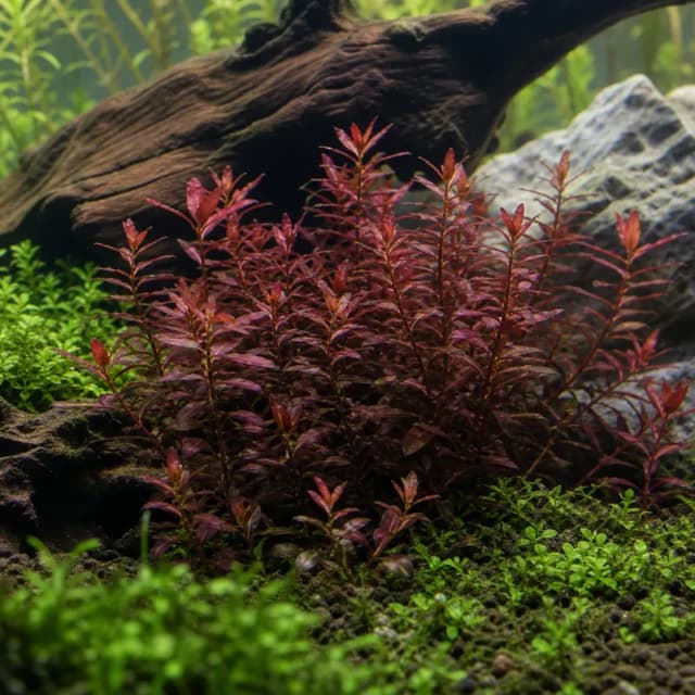 Editorial underwater photograph of Alternanthera reineckii ‘Mini’.