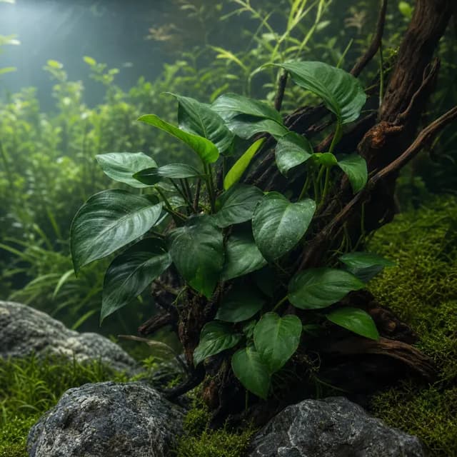 Editorial underwater photograph of Anubias barteri.