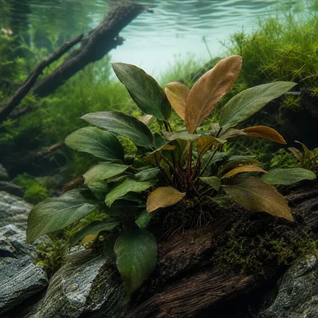 Editorial underwater photograph of Anubias ‘Coffeifolia’.