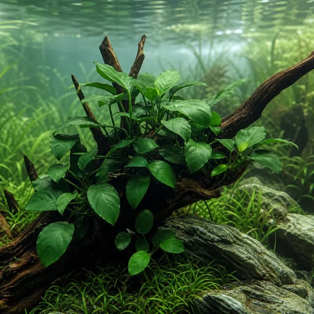 Editorial underwater photograph of Anubias nana.
