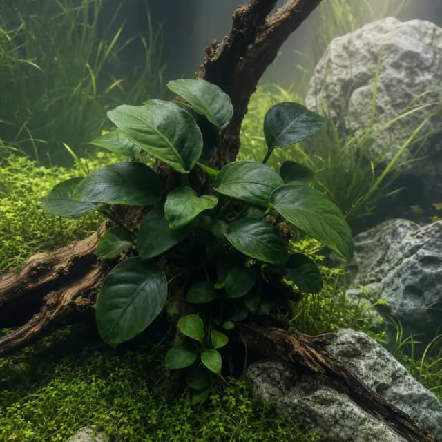 Editorial underwater photograph of Anubias ‘Pangolino’.