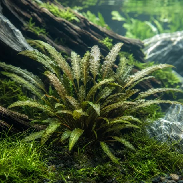 Editorial underwater photograph of Cryptocoryne balansae.