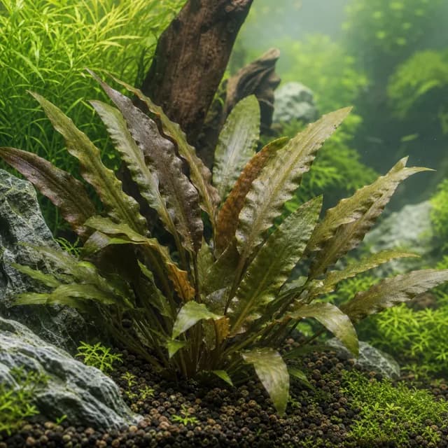 Editorial underwater photograph of Cryptocoryne beckettii.
