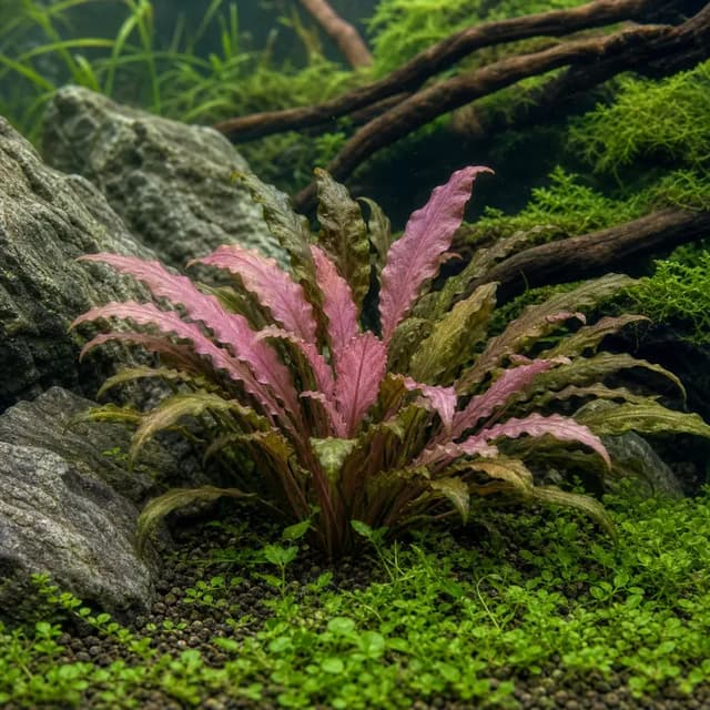 Editorial underwater photograph of Cryptocoryne ‘Flamingo’.