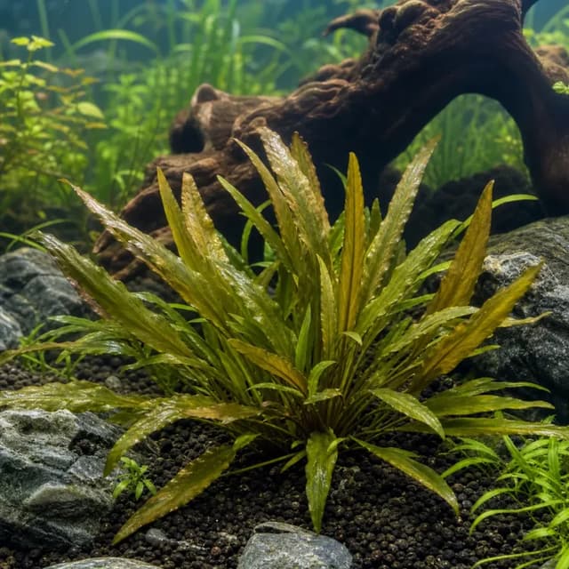 Editorial underwater photograph of Cryptocoryne lutea.