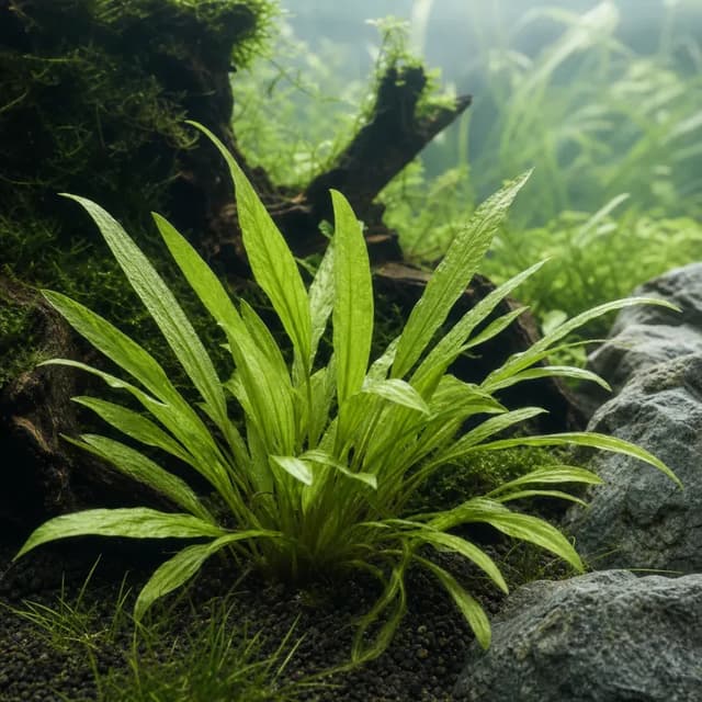 Editorial underwater photograph of Cryptocoryne pontederiifolia.