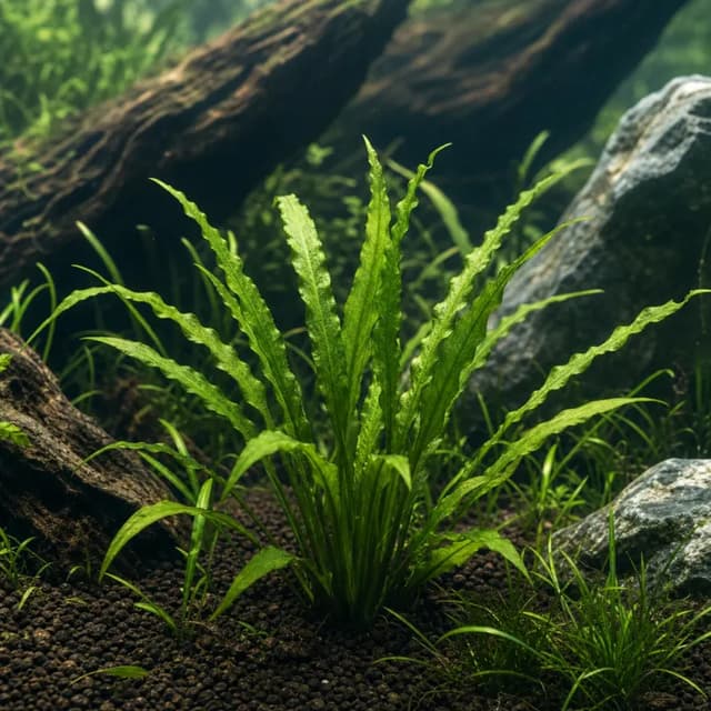 Editorial underwater photograph of Cryptocoryne spiralis.