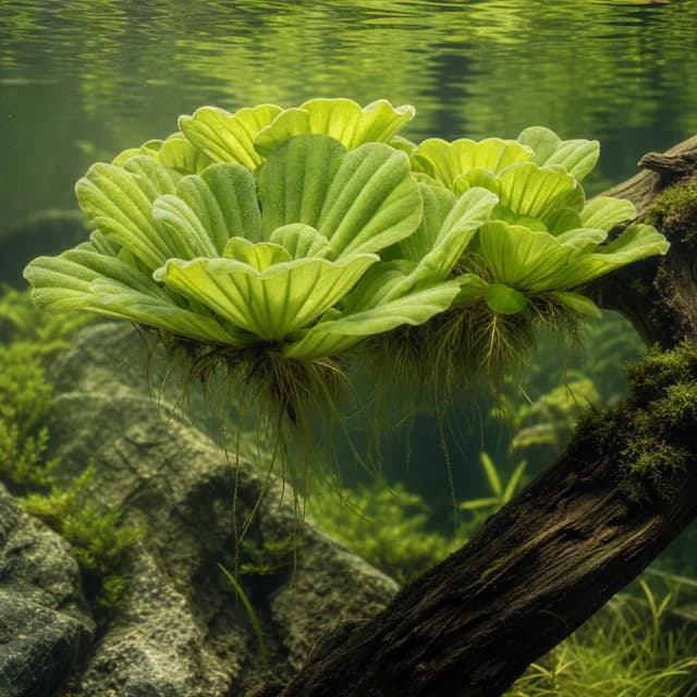 Editorial underwater photograph of Water lettuce (often sold as dwarf water lettuce).