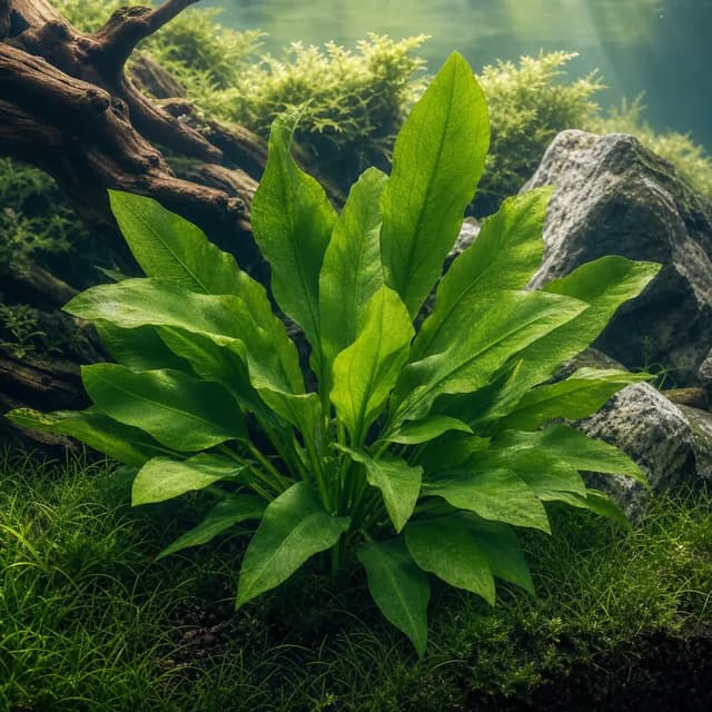 Editorial underwater photograph of Broad-leaf Amazon sword.