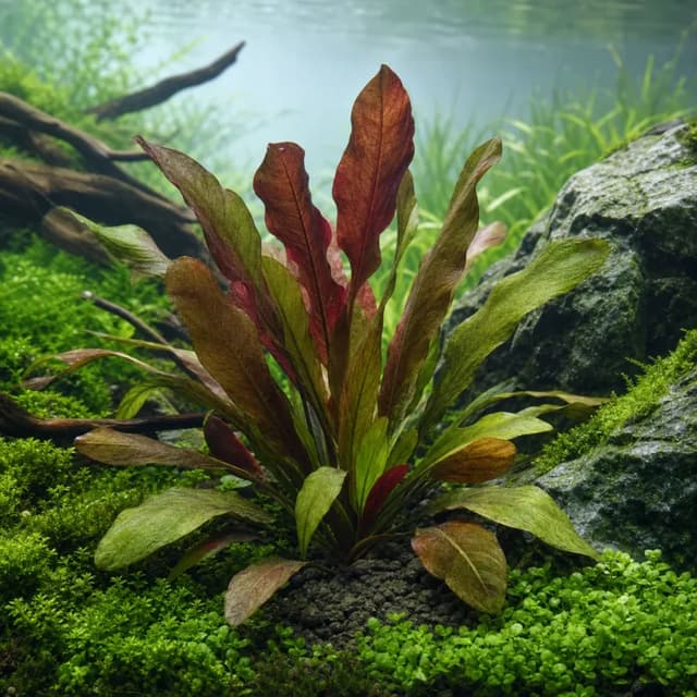 Editorial underwater photograph of Echinodorus ‘Reni’.