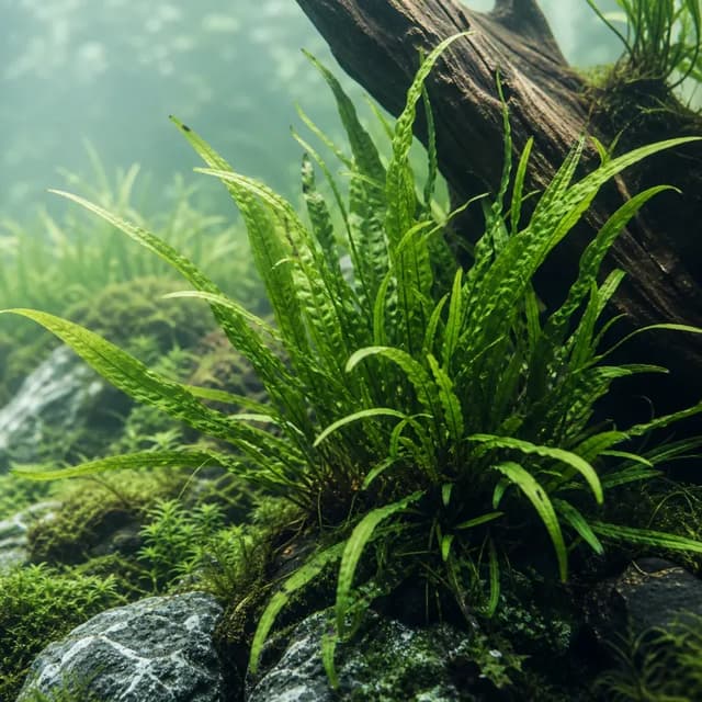 Editorial underwater photograph of Narrow-leaf Java fern.