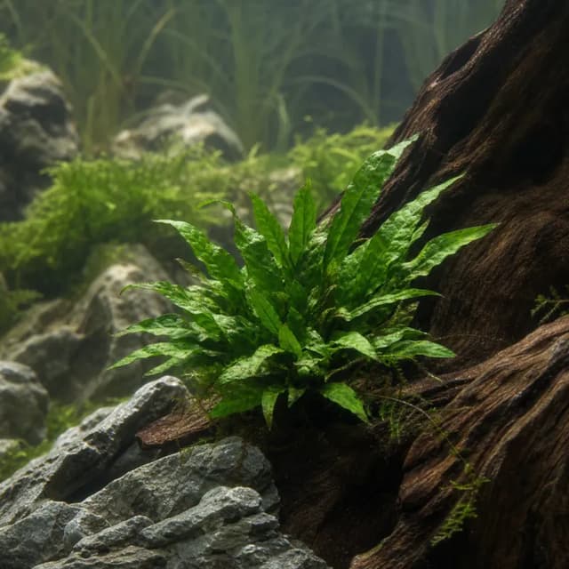 Editorial underwater photograph of Java fern ‘Petite’.