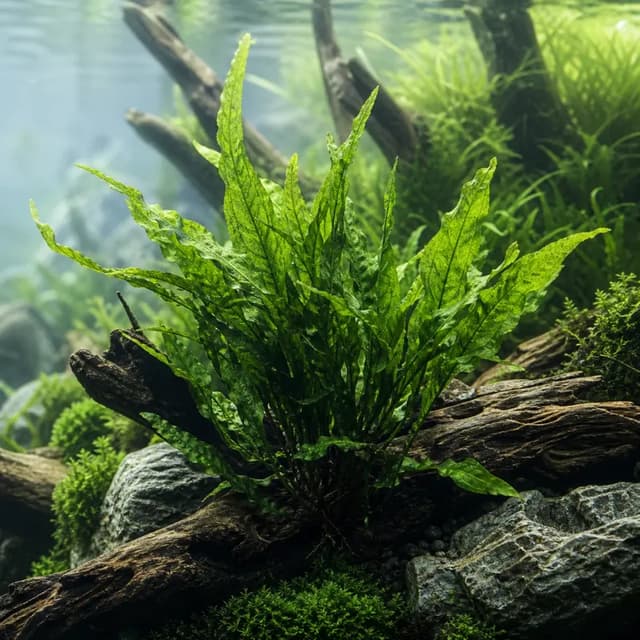 Editorial underwater photograph of Java fern ‘Windeløv’.