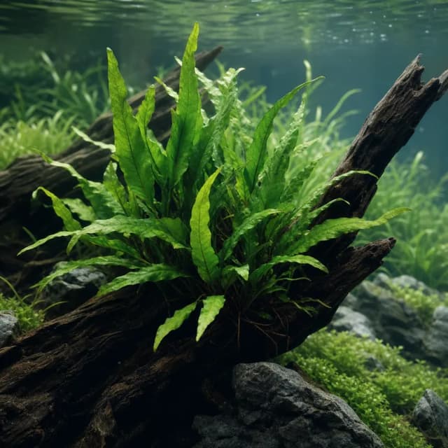Editorial underwater photograph of Java fern.