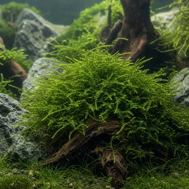 Editorial underwater photograph of Java moss.