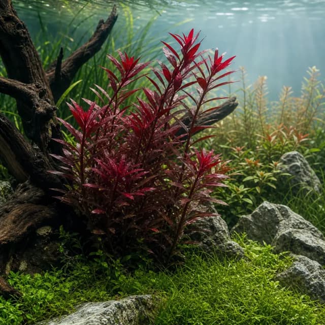 Editorial underwater photograph of Ludwigia ‘Super Red’.