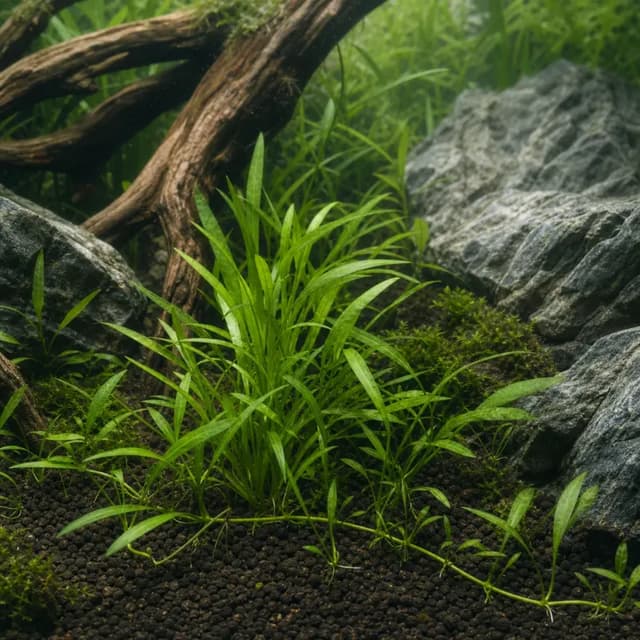 Editorial underwater photograph of Sagittaria subulata ‘Pusilla’.