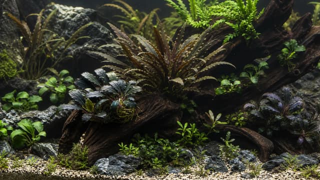 A botanical collector's aquarium displaying varied Bucephalandra, Anubias, Cryptocoryne, and ferns.