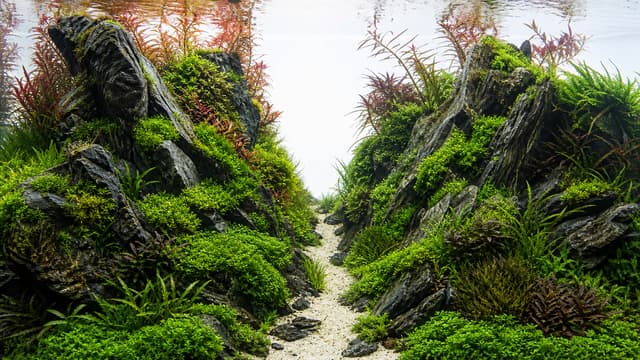 A Brazilian-style aquascape with dramatic stone ridges, clipped planting, red accents, and a bright sand corridor.