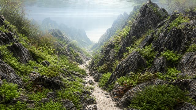 A planted aquarium landscape with rocky ridges, a winding sand valley, and convincing distant perspective.
