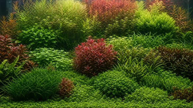 A Dutch planted aquarium arranged in clipped streets and terraces of contrasting foliage.