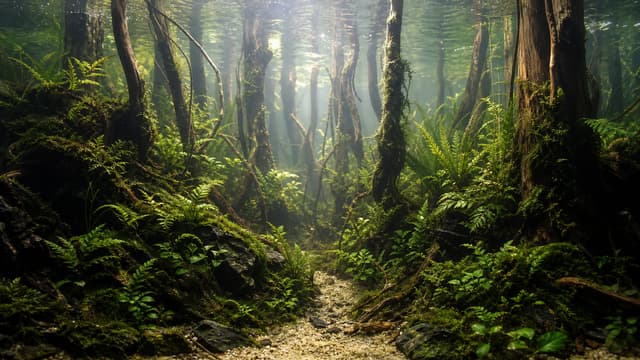 A submerged forest aquascape of upright roots, moss, ferns, and a shadowed path.
