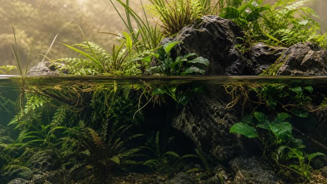 An open riparium with a lush underwater base, visible waterline, and emergent foliage and roots above.