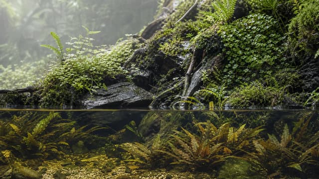 A planted paludarium with a shallow underwater garden rising into a mossy fern-covered bank.