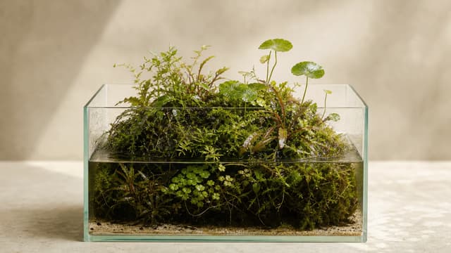 A small open glass nano aquarium centered on a single dense planted mound.
