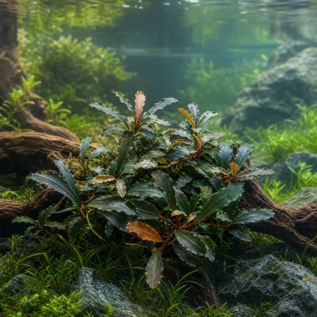 Editorial underwater photograph of Bucephalandra.