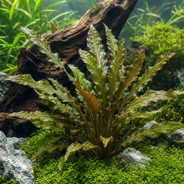 Editorial underwater photograph of Cryptocoryne wendtii.