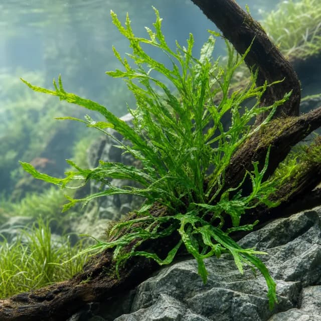 Editorial underwater photograph of Java fern ‘Trident’.