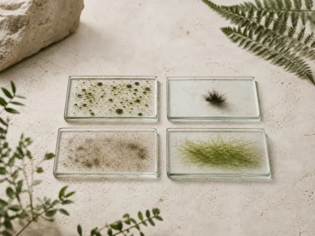 A museum-like study of glass slides holding green film, dark tufts, brown dust, and fine algae threads.