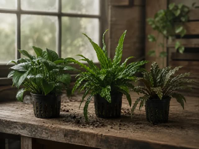 Anubias, Java fern, and Cryptocoryne nursery plants arranged on a wooden potting bench.