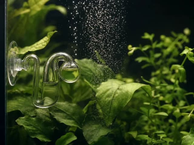 A glass CO₂ drop checker and a stream of fine bubbles among soft green aquarium leaves.