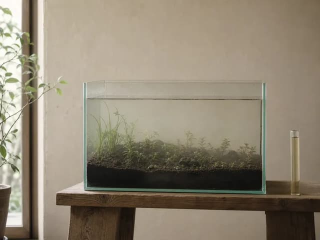 A newly filled planted aquarium with faintly cloudy water and a pale yellow test tube on the wooden bench beside it.