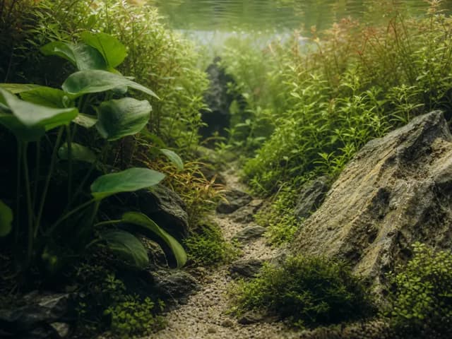 A nano aquascape with broad foreground leaves and fine plants receding into a softly blurred distance.