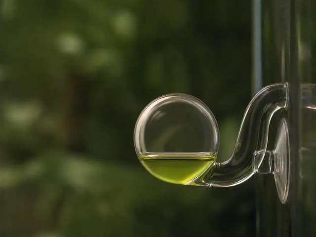 An extreme close-up of a spherical glass drop checker holding lime-green indicator solution.