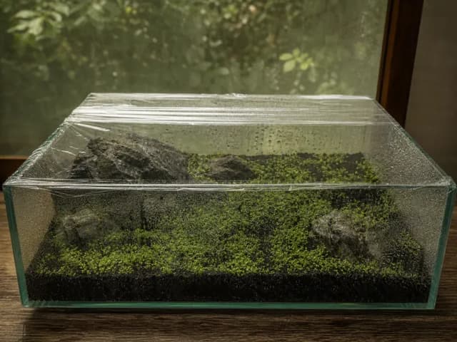 A shallow aquarium sealed above a green carpet, with condensation on the glass and damp aquasoil below.
