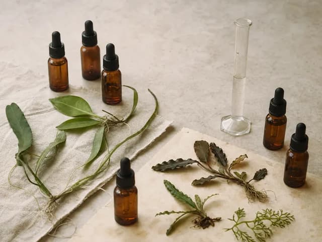 Amber fertilizer bottles, a small graduated cylinder, and aquatic leaf specimens arranged on linen.