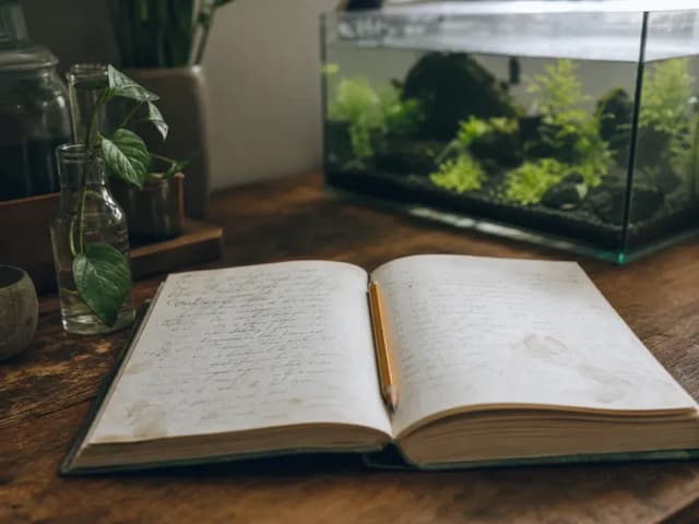An open handwritten aquarium logbook with a pencil beside a softly lit young planted tank.