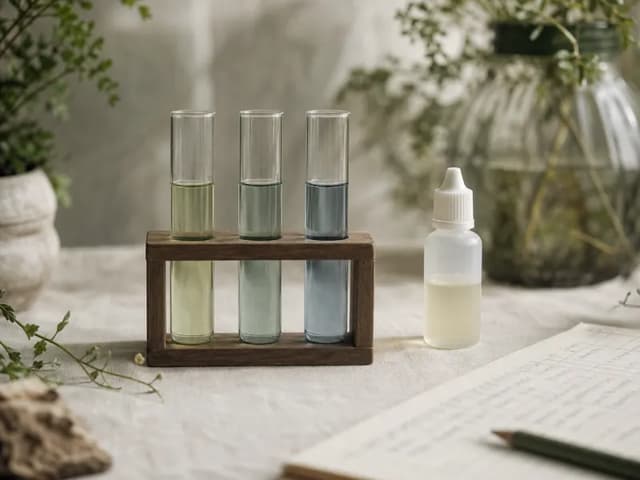 Three aquarium test tubes in a wooden rack beside an ammonia dropper and a handwritten log.