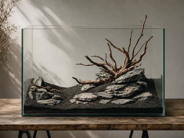 A dry aquarium containing layered pale stone and branching wood on sculpted dark substrate.