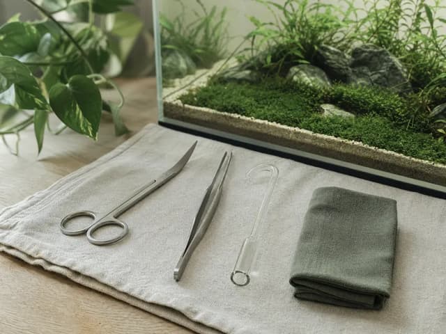 Aquascaping scissors, a siphon end, and a soft cloth arranged beside a planted aquarium.