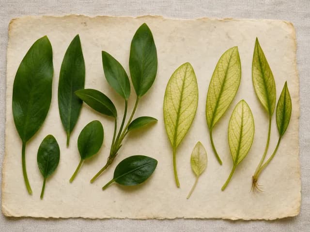 Healthy green aquatic leaves beside pale interveinally chlorotic leaves arranged like botanical specimens.