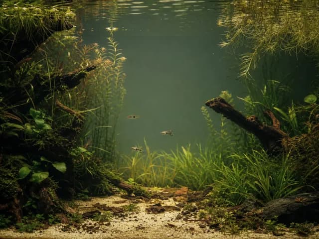 A balanced planted aquarium with open swimming space, dense background growth, and a restrained number of fish.