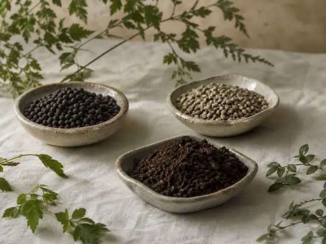 Three ceramic dishes holding dark aquasoil, natural gravel, and brown soil on pale linen.