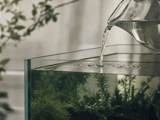 Clear water pouring gently from a jug into a planted aquarium in soft backlight.