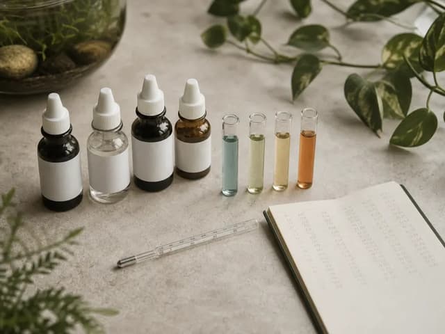 Aquarium water test bottles and a notebook with tidy columns of measurements on a warm neutral surface.
